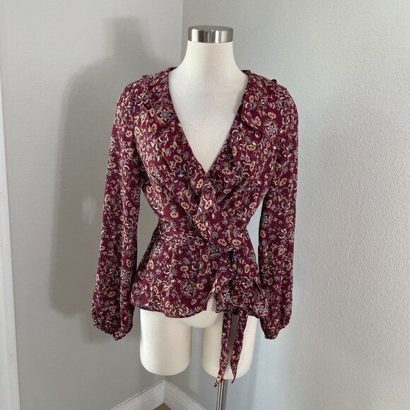 NEW $98 Max Studio Womens Small Floral Ruffle Faux Wrap Blouse Shirt Top - Picture 1 of 13